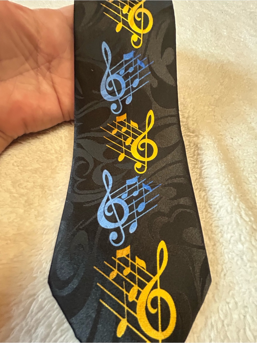 🎁3 for $30 - Black Musical Notes Tie with Blue and Yellow Treble Clefs